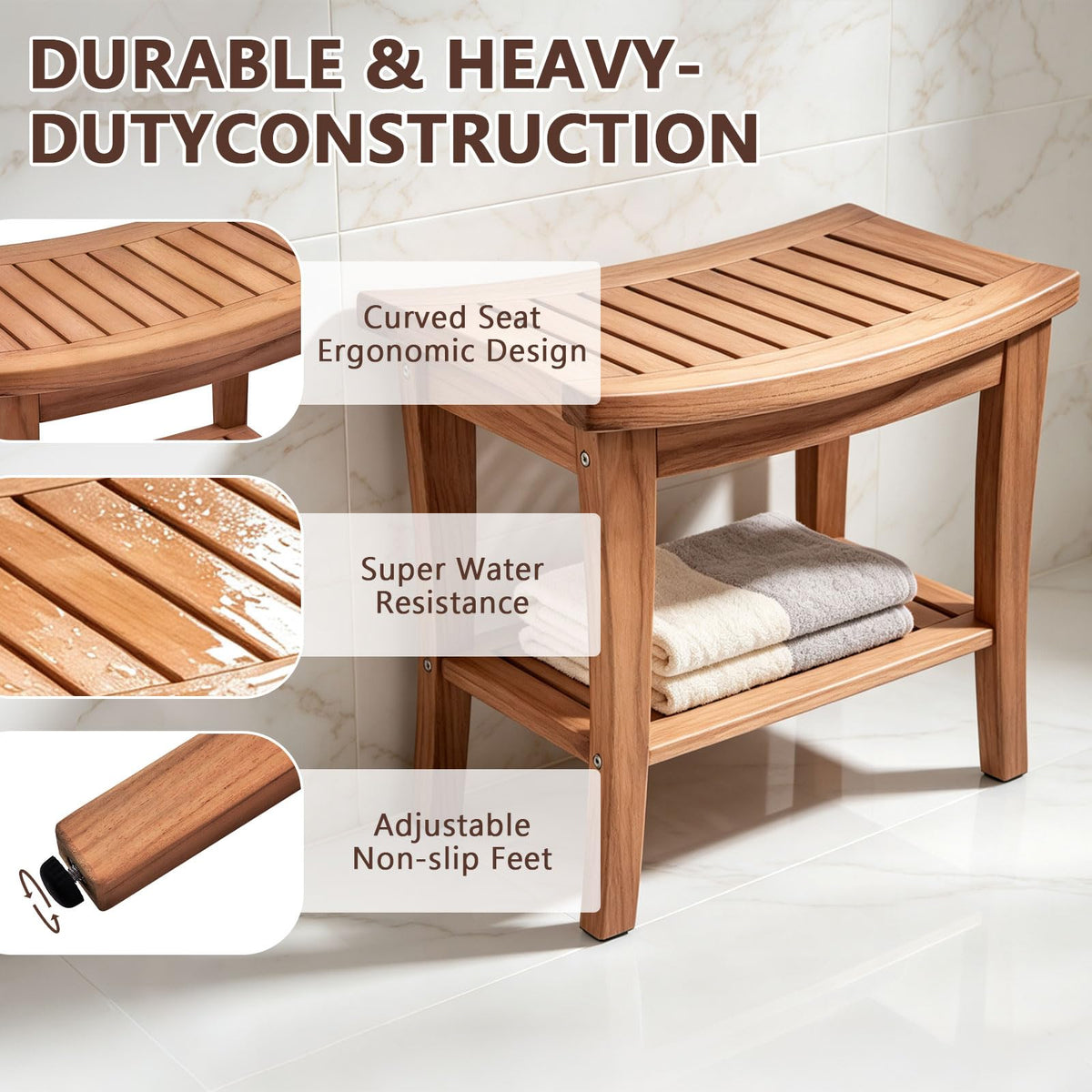 Teak Shower Bench Stool with Shelf T8317