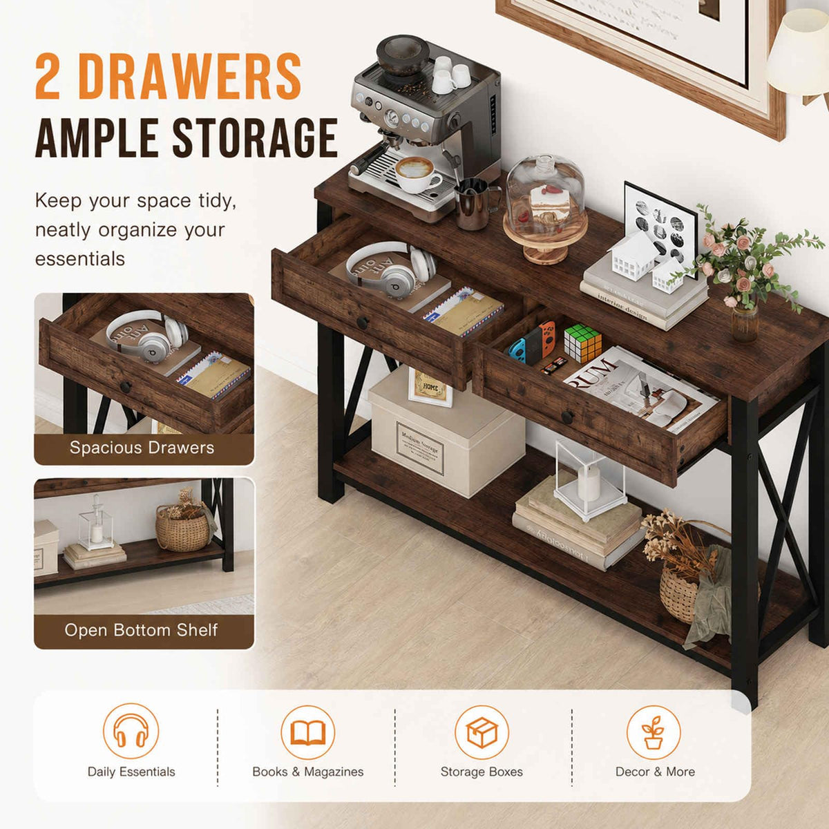 Rustic Oak 47 Inch Console Table with 2 Drawers R472