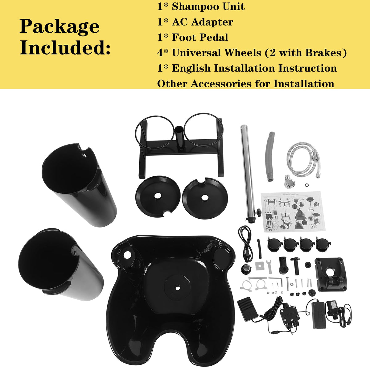 Portable Mobile Shampoo Bowl with Electric Pump, 2 Bucket, Drain Hoses, Height-Adjustable M106