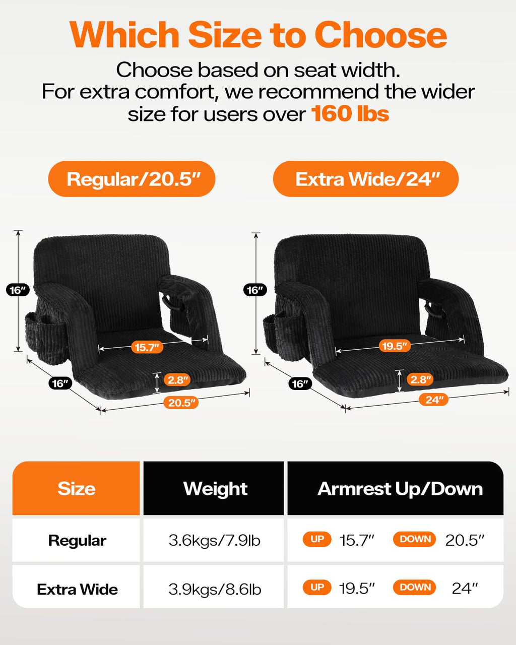 24'' Extra Wide Padded Corduroy Stadium Seats with Back Support, 2 Packs H26135