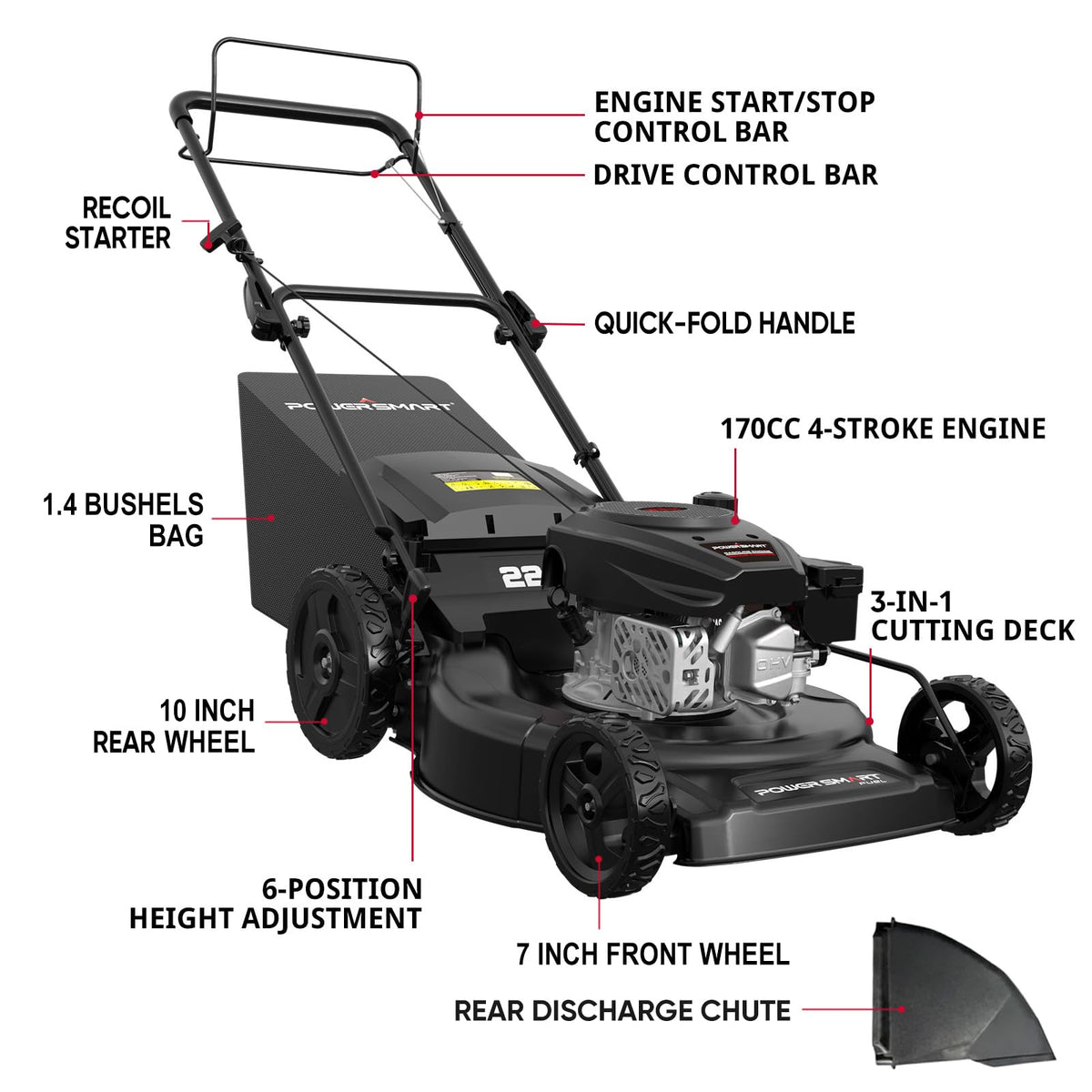 22-Inch Self Propelled Gas Lawn Mower, 170cc 4-Cycle OHV Engine H267