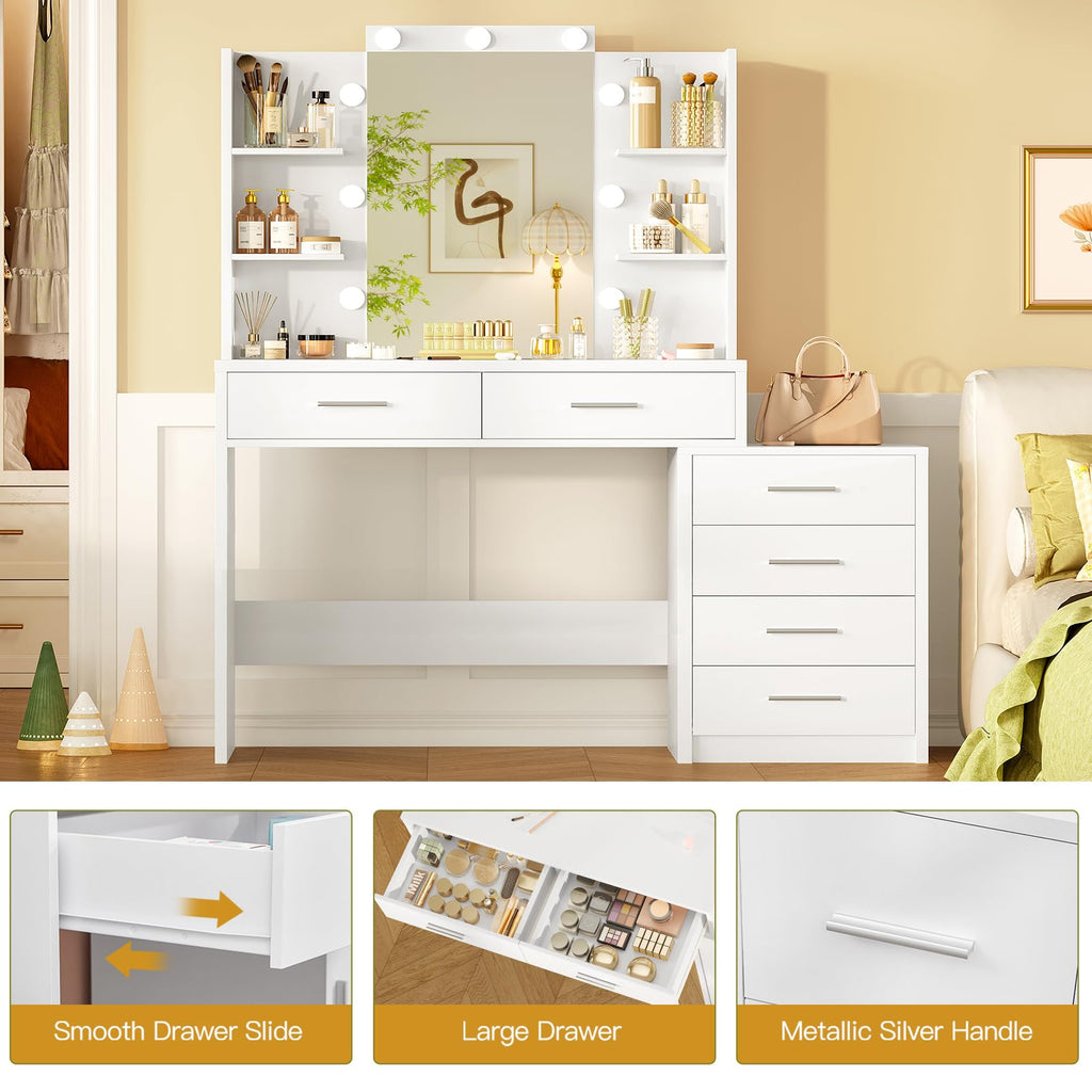 41.3" White Vanity Desk with Mirror and 9 LED Lights O613343