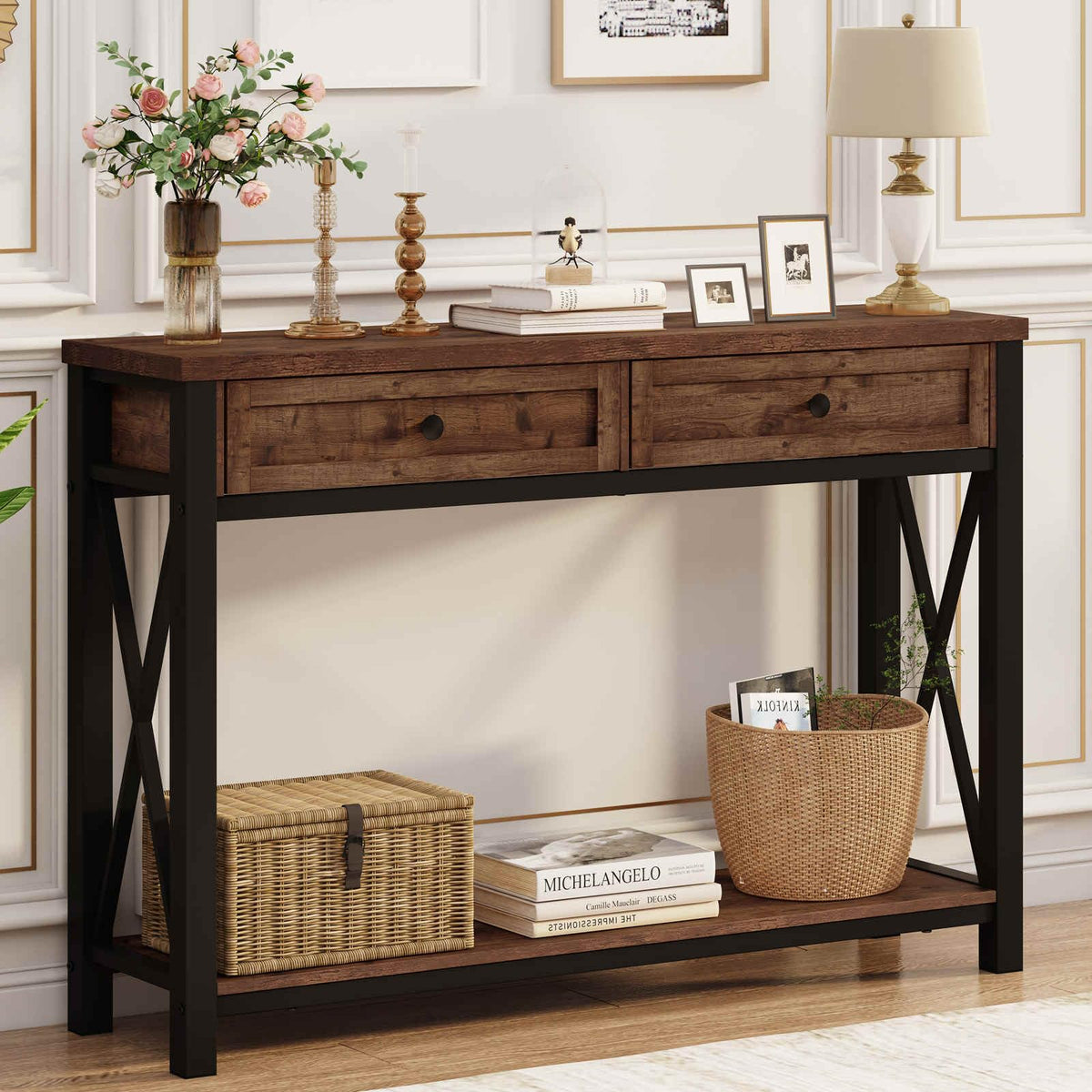 Rustic Oak 47 Inch Console Table with 2 Drawers R472