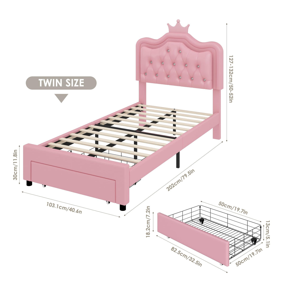 Pink Twin Upholstered Platform Bed Frame with Storage Drawer Y442