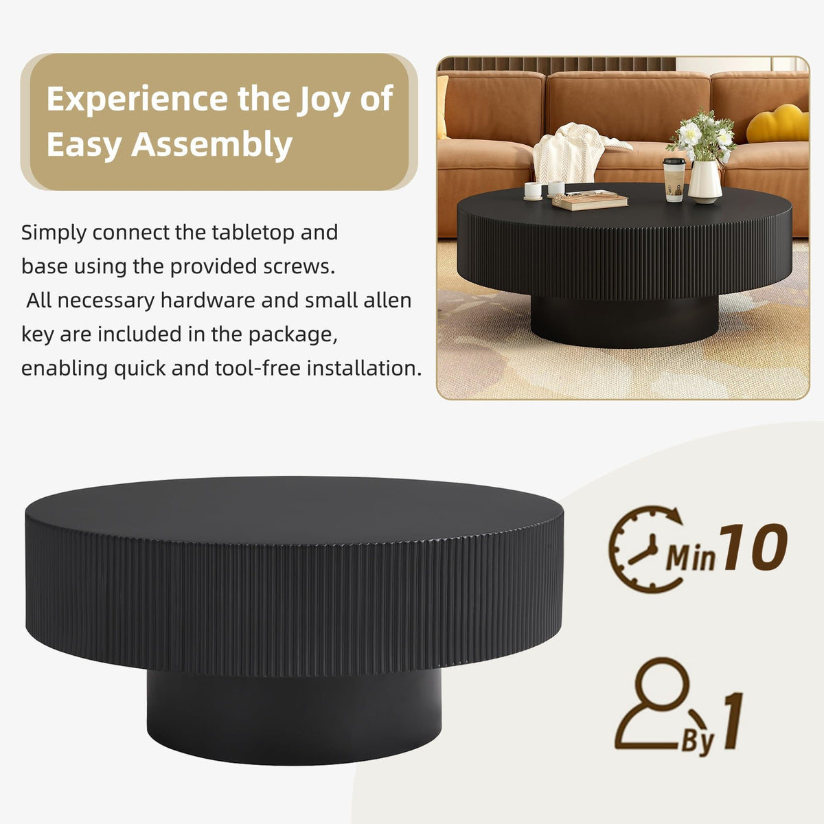 Round Coffee Table, 31.5" Fluted Pedestal Wood Table, Black F1218
