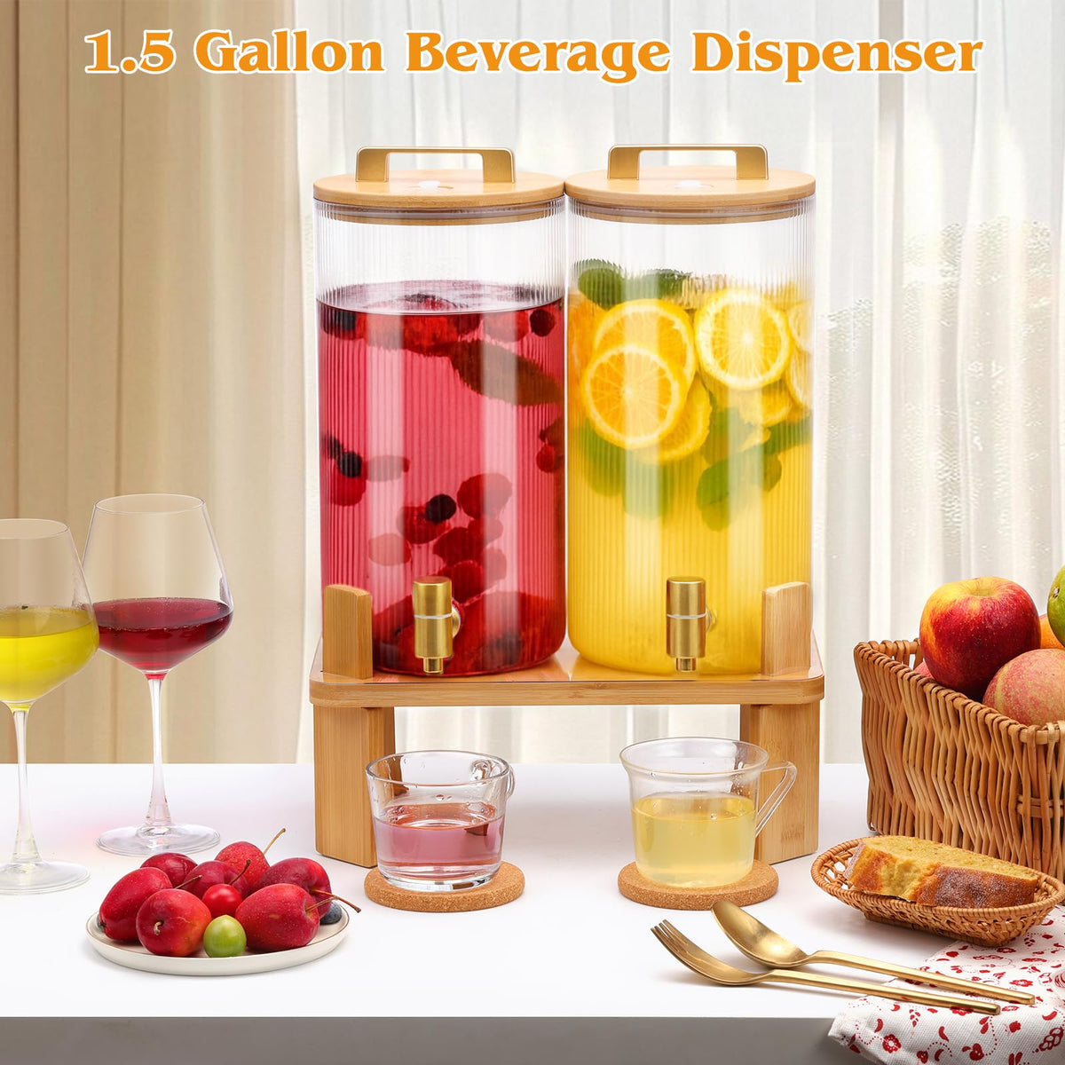 1.5 Gallon Drink Dispensers with Wood Stand C480965