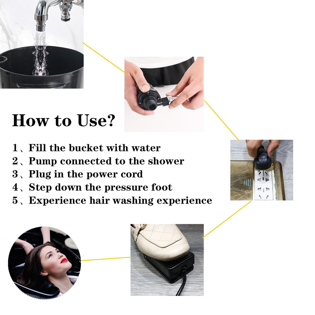 Portable Mobile Shampoo Bowl with Electric Pump, 2 Bucket, Drain Hoses, Height-Adjustable M106