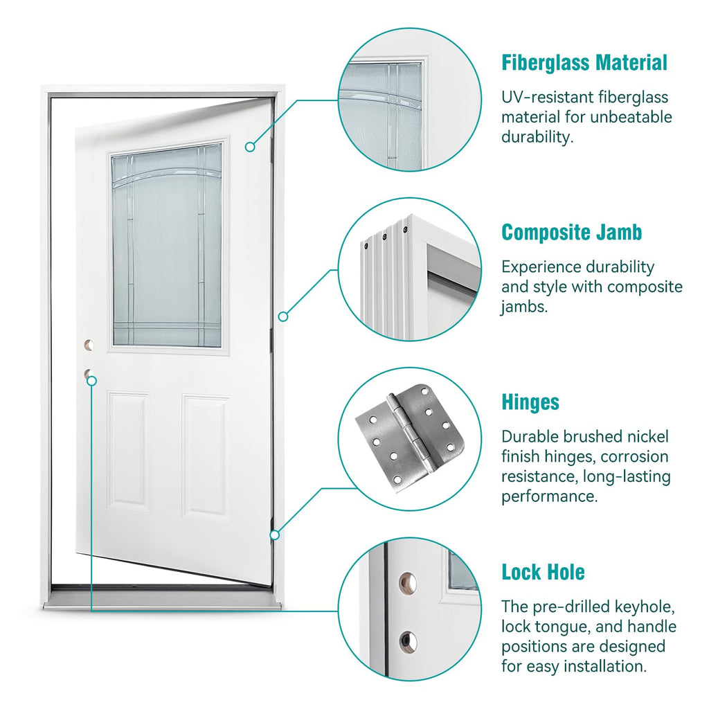 White Fiberglass Prehung 36" x 80" Entry Door D4615