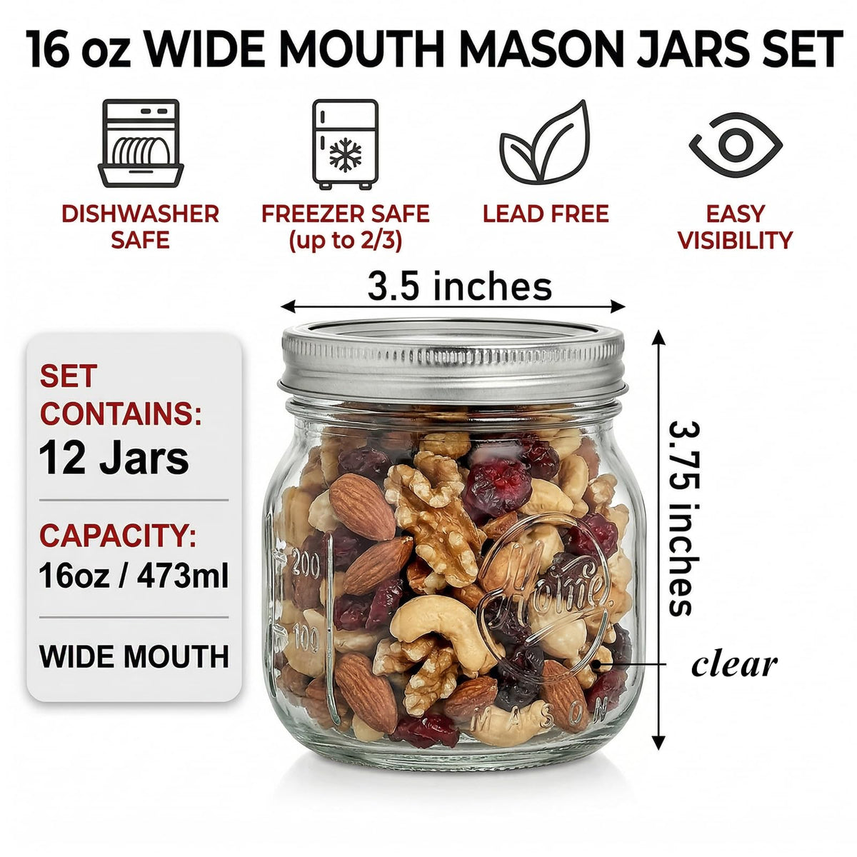 12 Pack 16Oz Wide Mouth Glass Mason Jars with Airtight Lids J725243