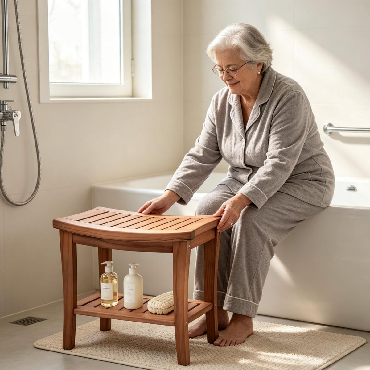 Teak Shower Bench Stool with Shelf T8317