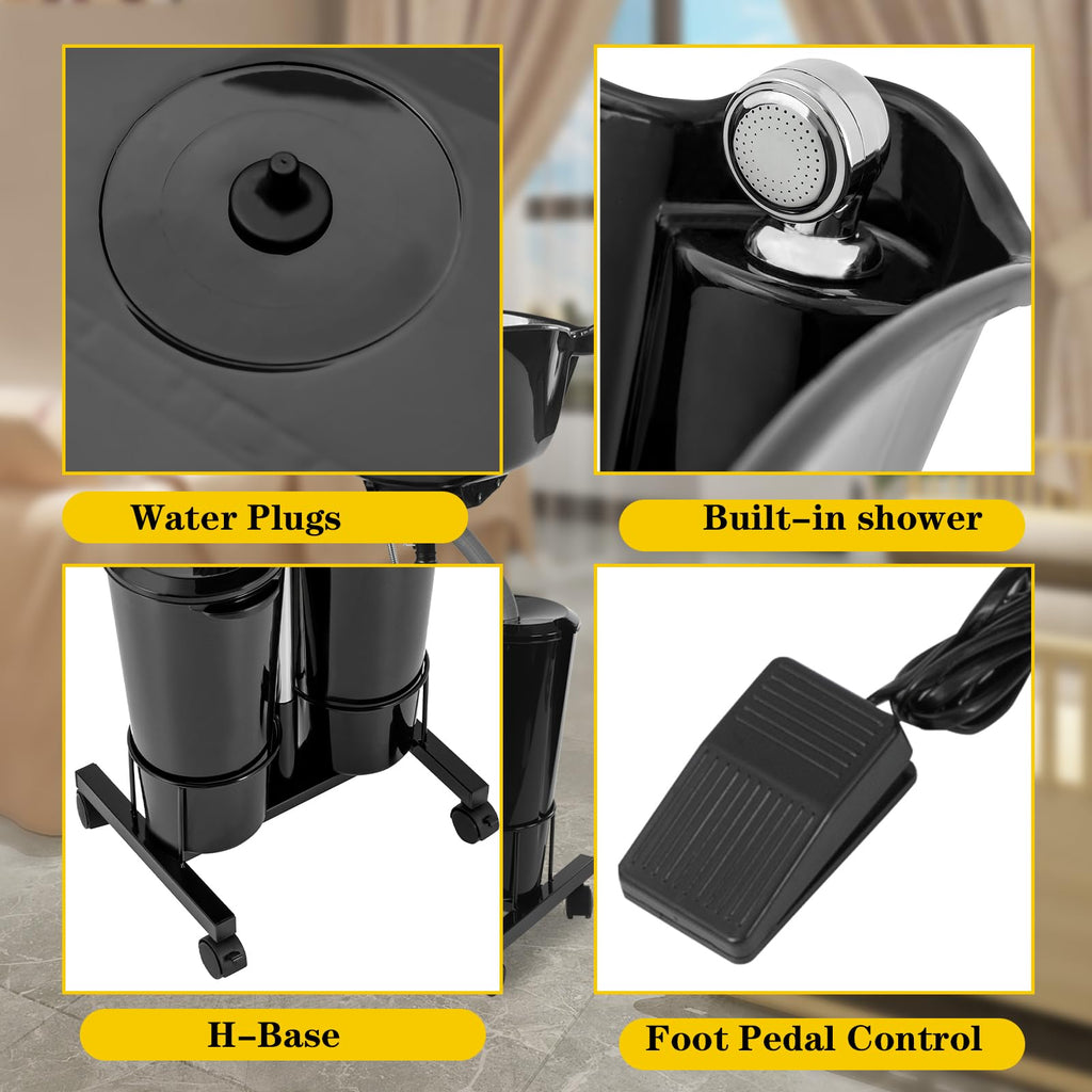 Portable Mobile Shampoo Bowl with Electric Pump, 2 Bucket, Drain Hoses, Height-Adjustable M106