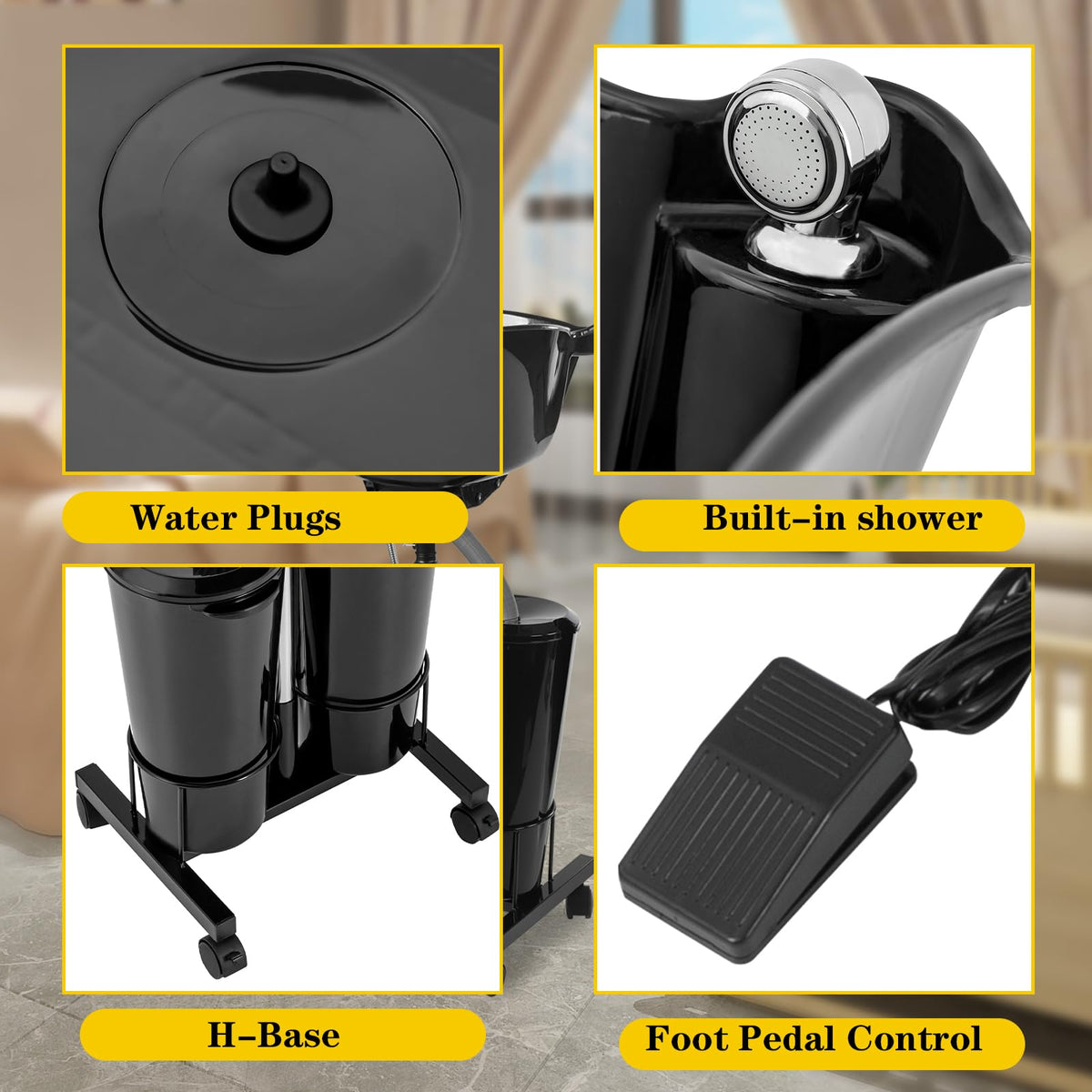 Portable Mobile Shampoo Bowl with Electric Pump, 2 Bucket, Drain Hoses, Height-Adjustable M106