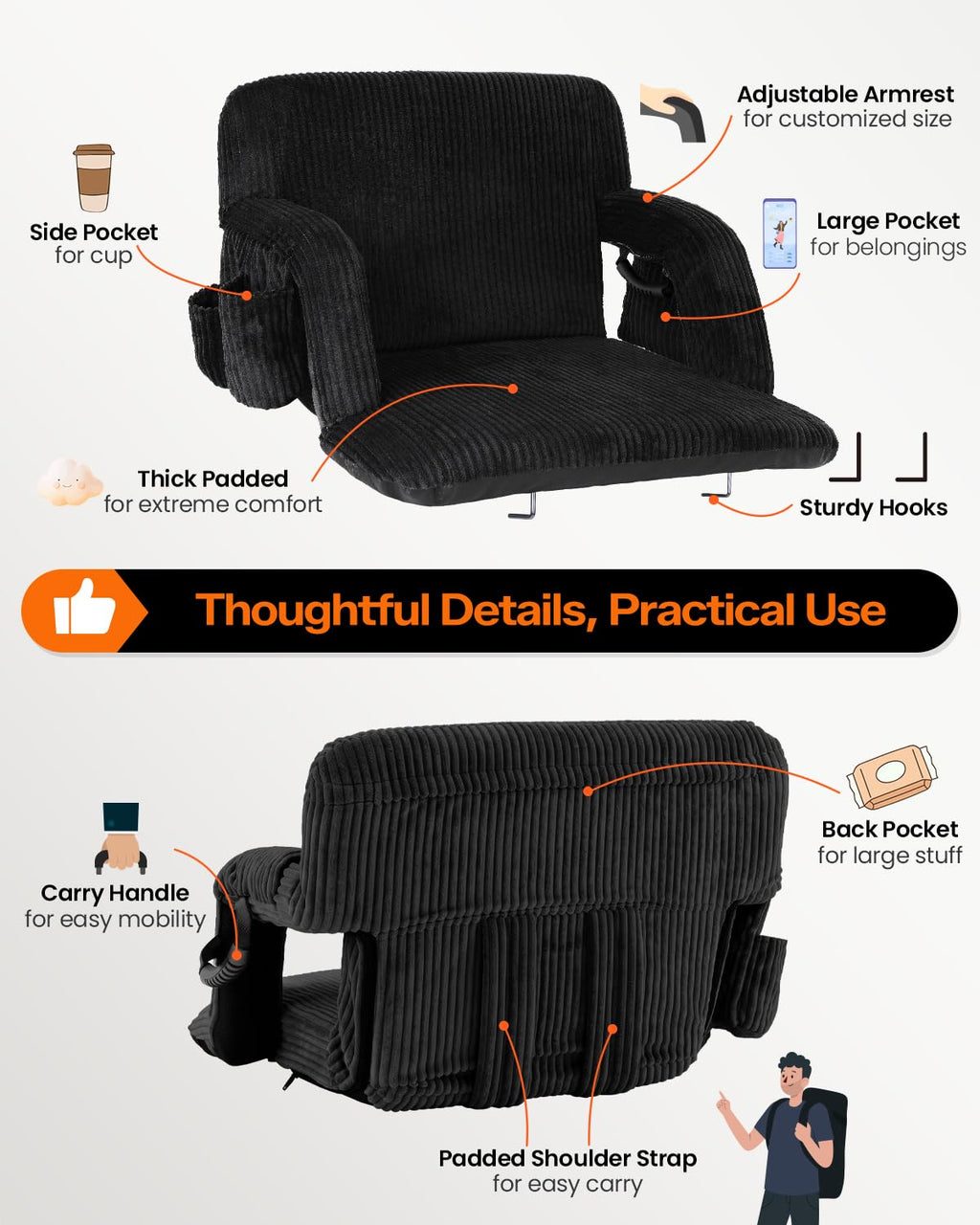 24'' Extra Wide Padded Corduroy Stadium Seats with Back Support, 2 Packs H26135