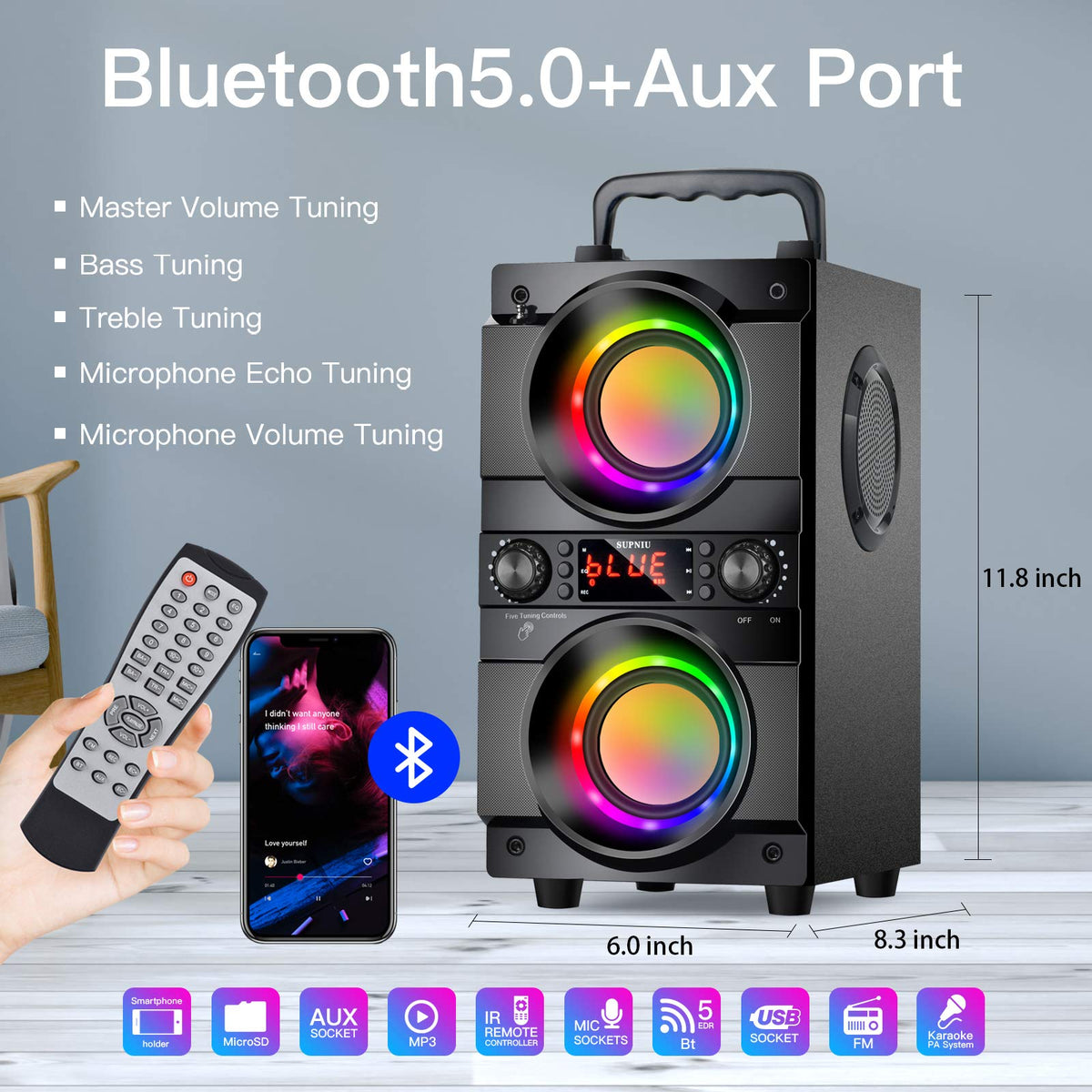 Portable Bluetooth Speaker with Double Subwoofer Heavy Bass Y89394