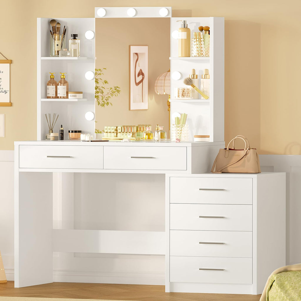 41.3" White Vanity Desk with Mirror and 9 LED Lights O613343