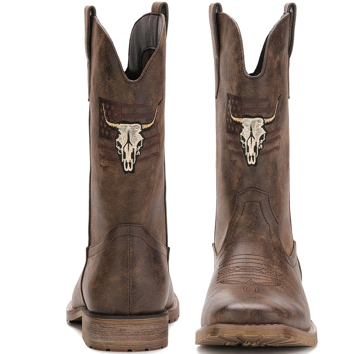 Vintage Distressed Brown Square Toe Mid-Calf Cowboy Boots P436