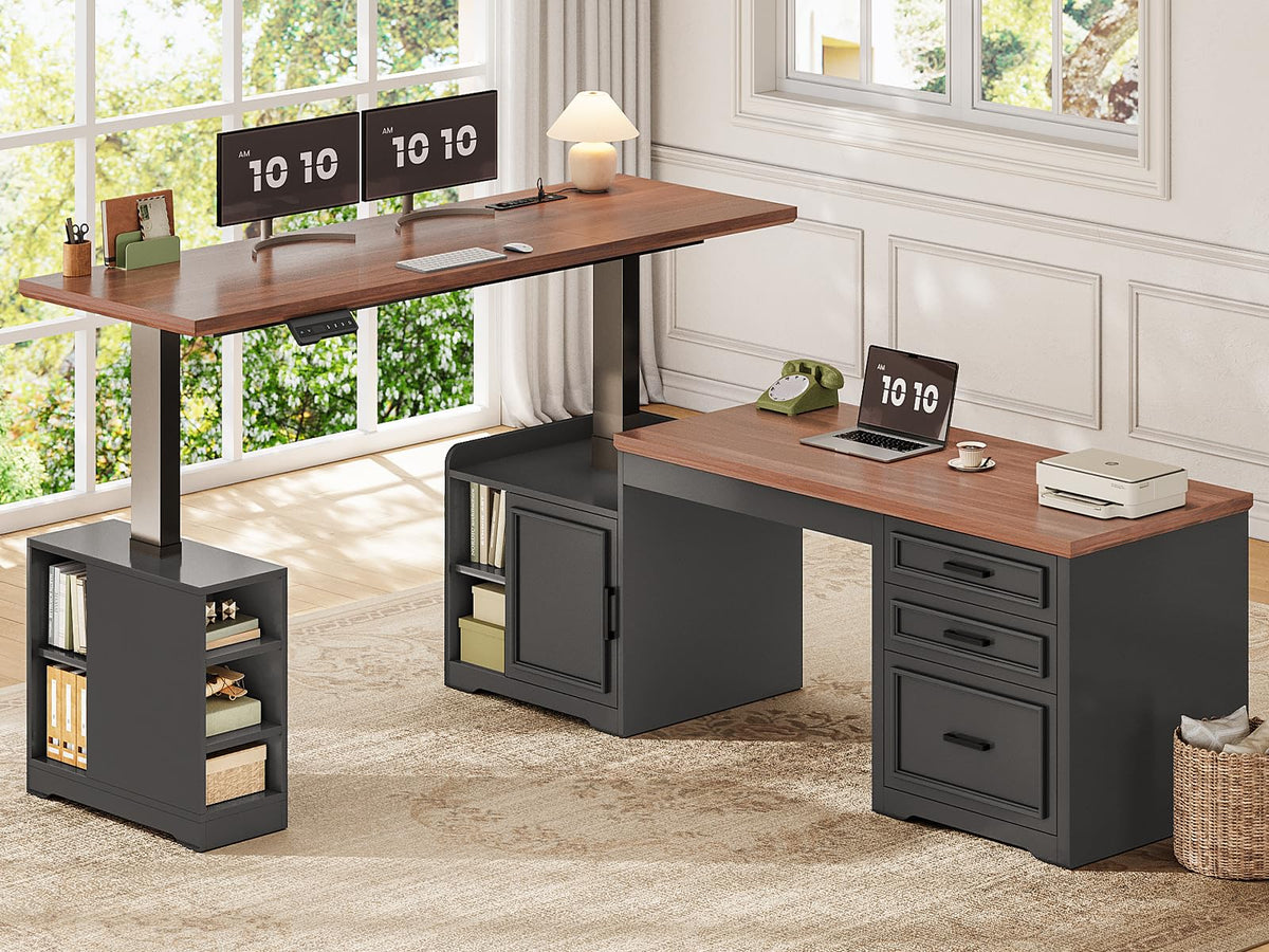 L Shaped Height Adjustable Standing Desk with Drawers and Shelves O844805