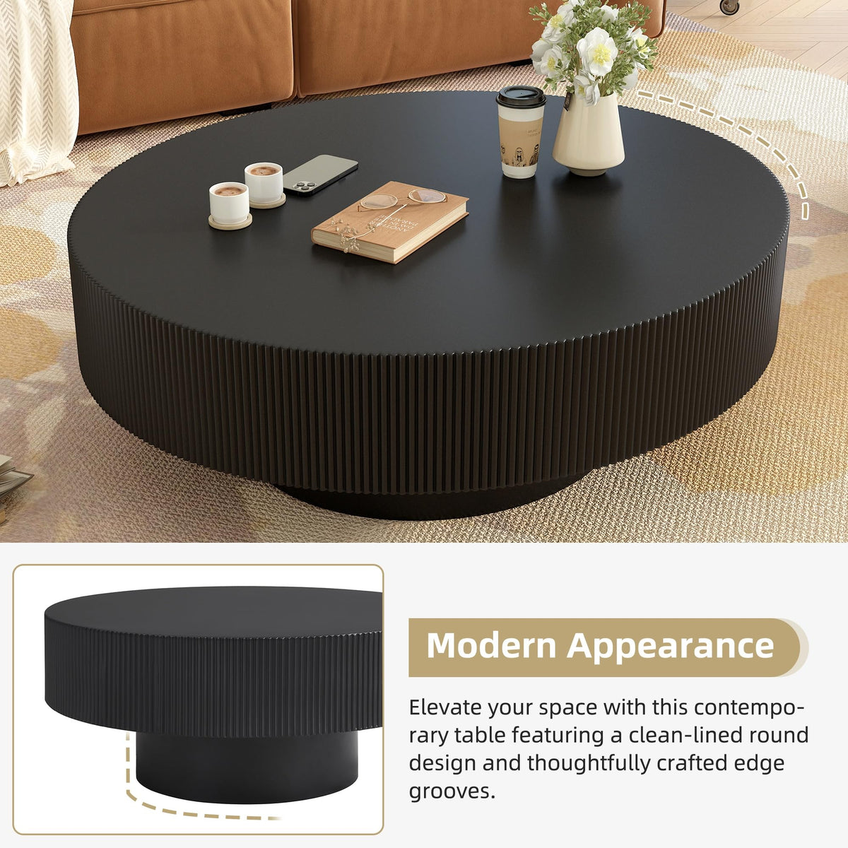 Round Coffee Table, 31.5" Fluted Pedestal Wood Table, Black F1218