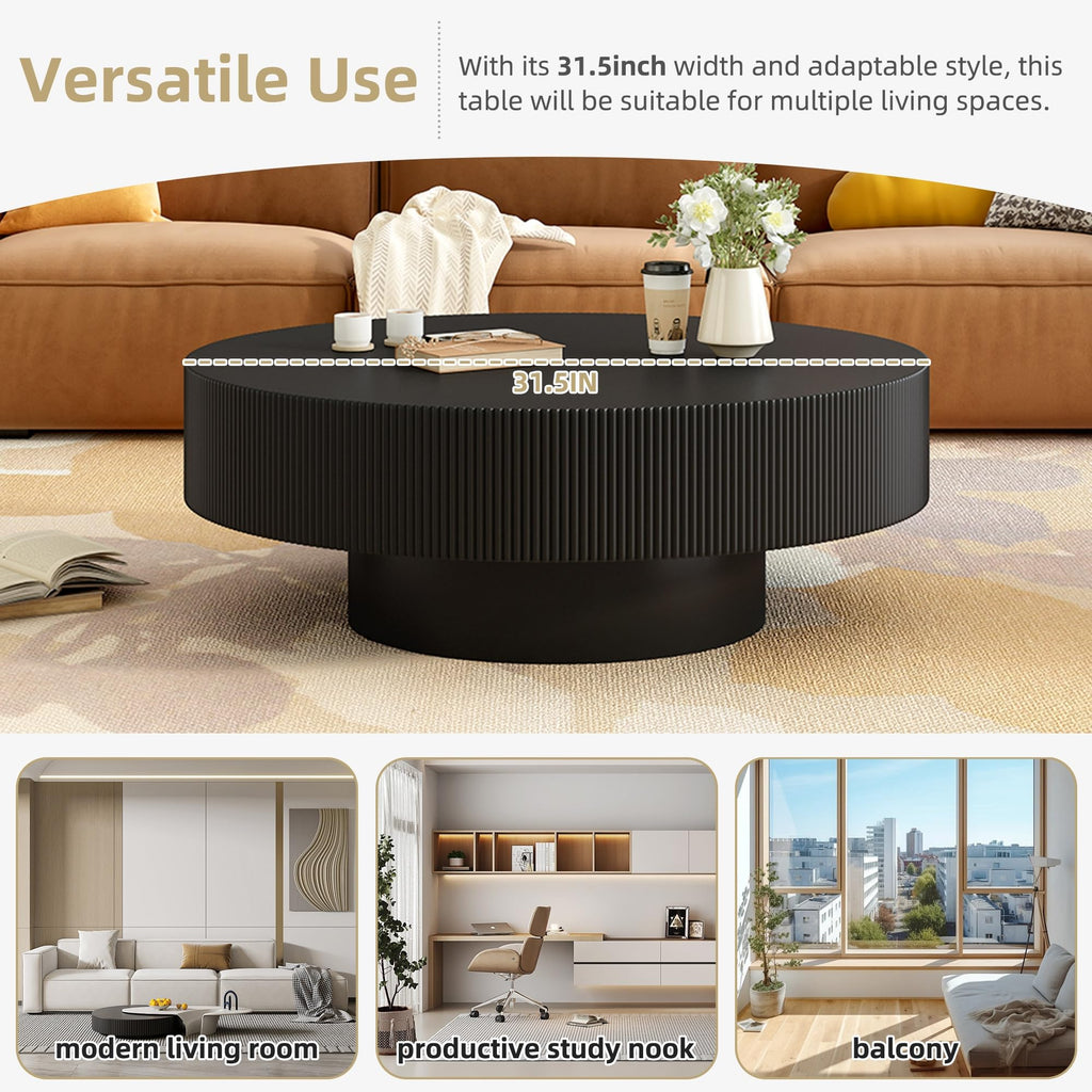 Round Coffee Table, 31.5" Fluted Pedestal Wood Table, Black F1218