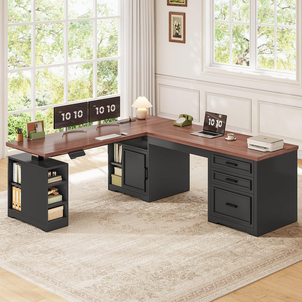L Shaped Height Adjustable Standing Desk with Drawers and Shelves O844805