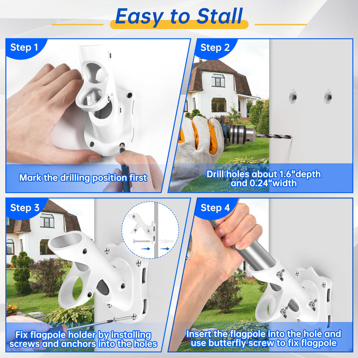 Flag Pole Holder Heavy-Duty Aluminum 1" Inner Diameter 2 Positions White 2 Pack Q801