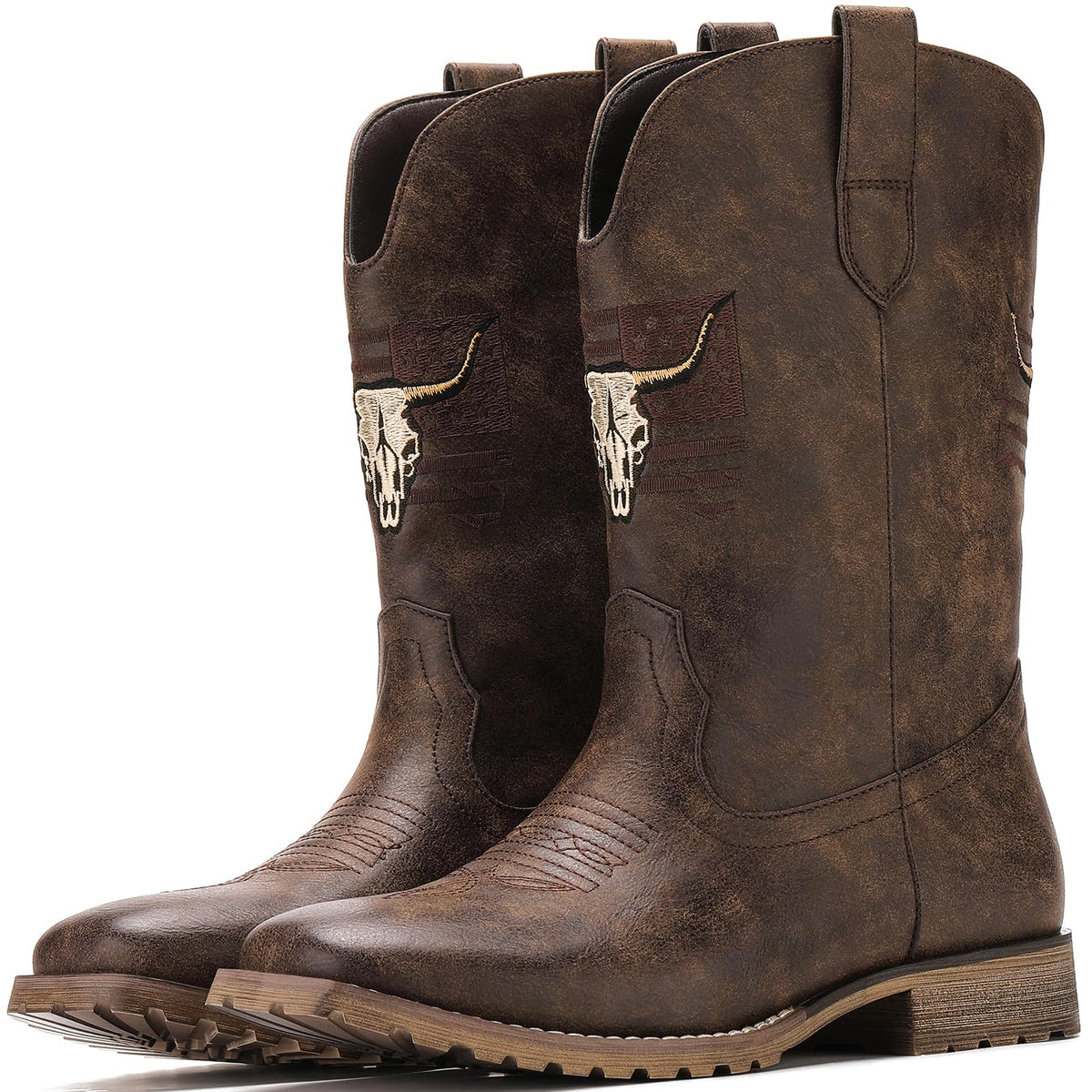 Vintage Distressed Brown Square Toe Mid-Calf Cowboy Boots P436