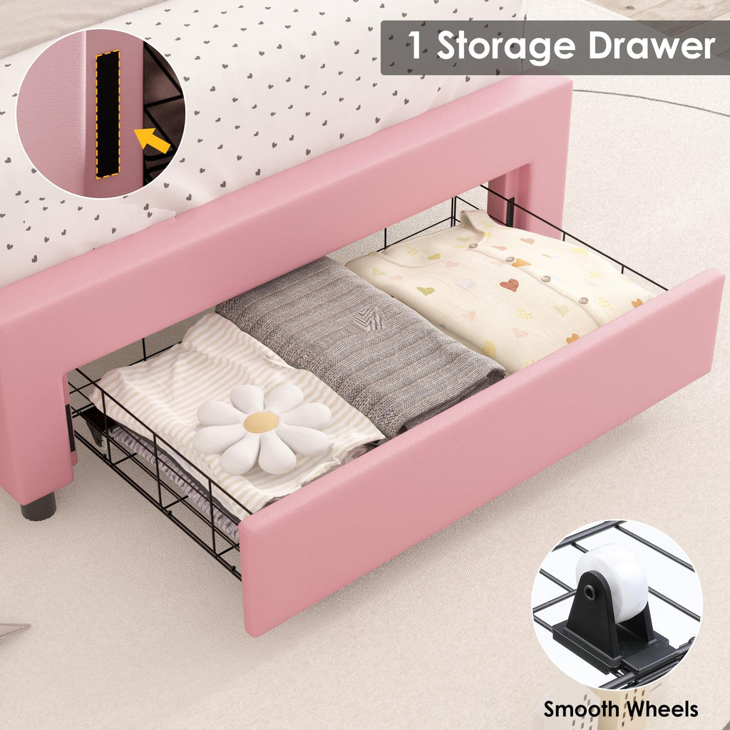 Pink Twin Upholstered Platform Bed Frame with Storage Drawer Y442