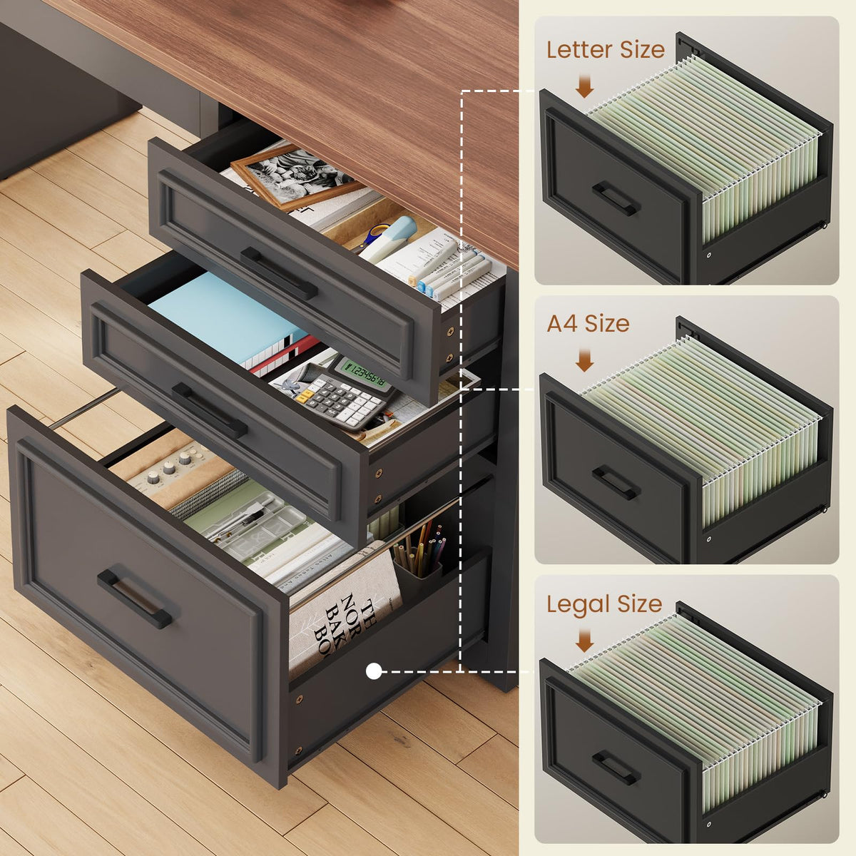 L Shaped Height Adjustable Standing Desk with Drawers and Shelves O844805