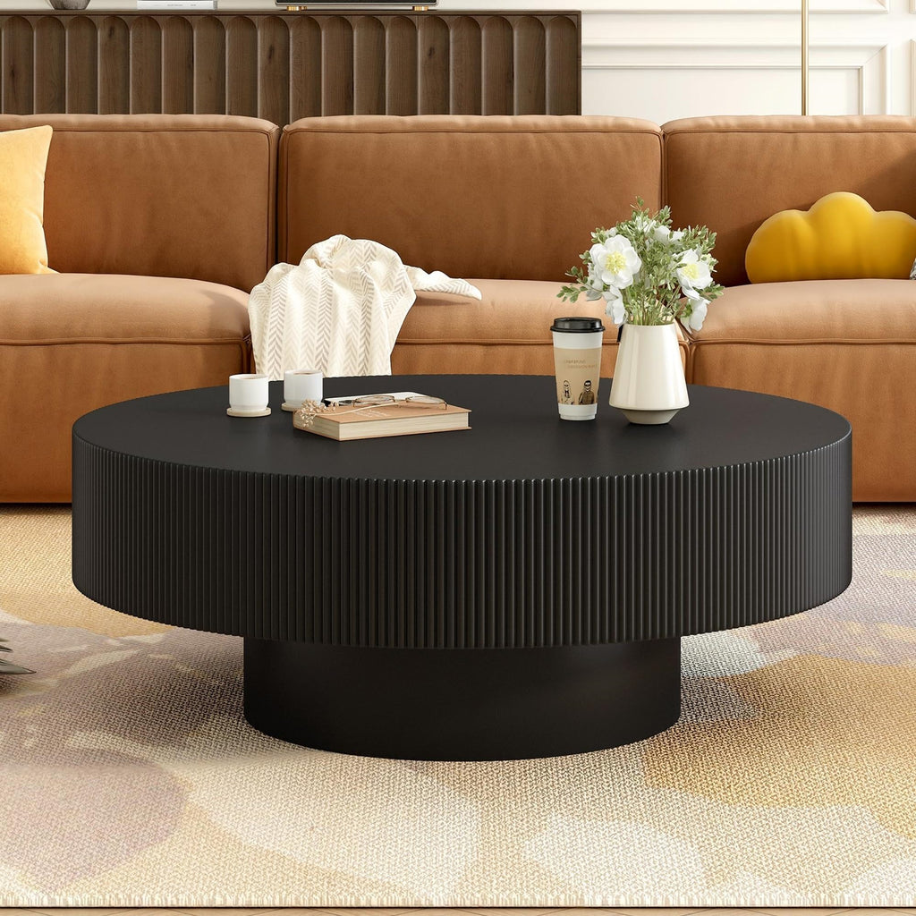 Round Coffee Table, 31.5" Fluted Pedestal Wood Table, Black F1218