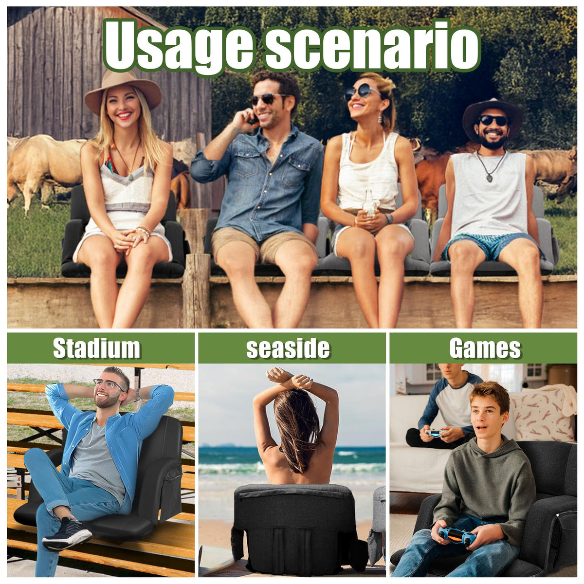 Extra Wide Folding Stadium Chairs with Back and Cushion, 6 Reclining Positions, Black E825996