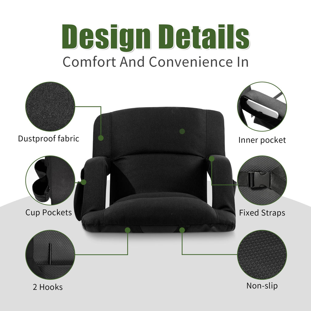 Extra Wide Folding Stadium Chairs with Back and Cushion, 6 Reclining Positions, Black E825996