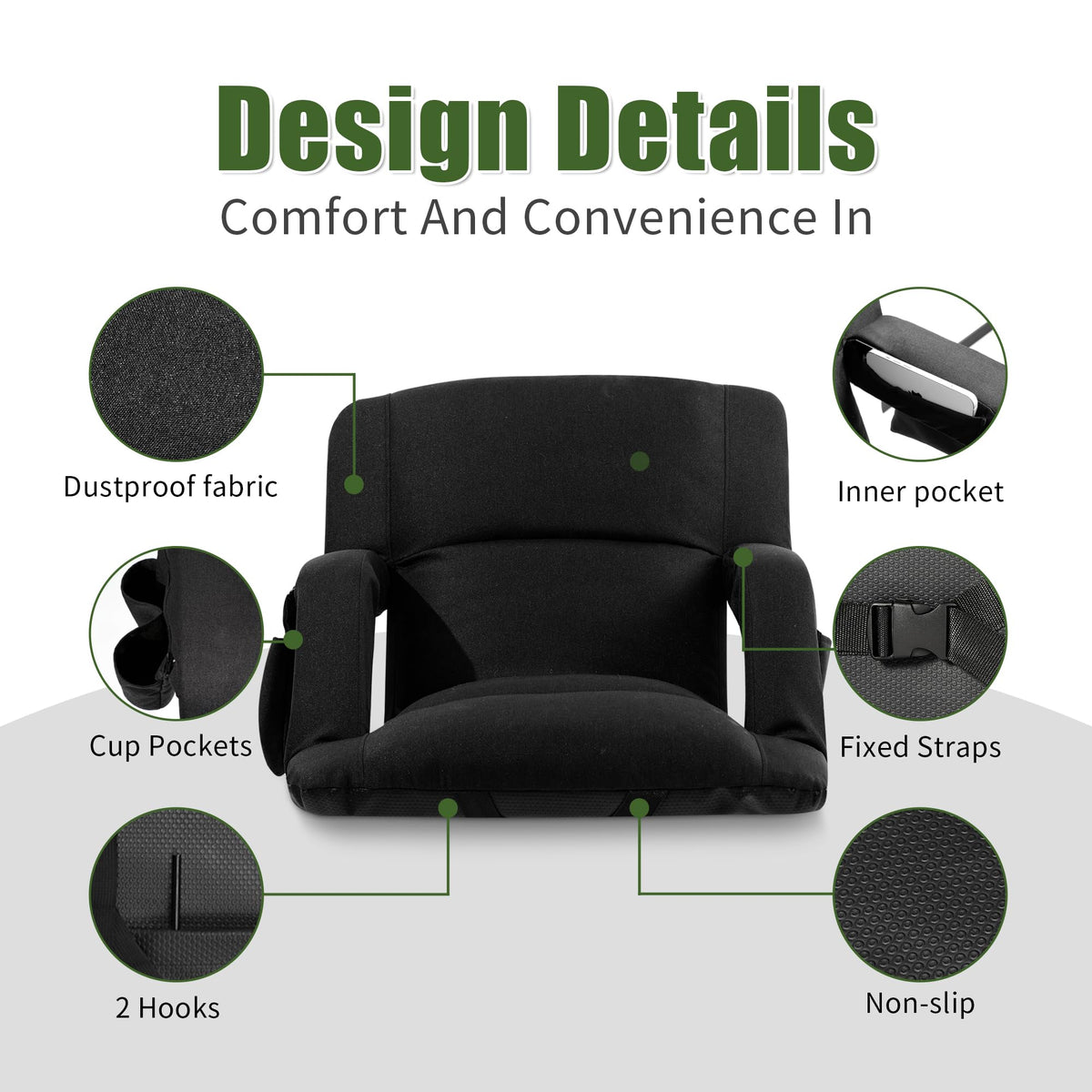 Extra Wide Folding Stadium Chairs with Back and Cushion, 6 Reclining Positions, Black E825996