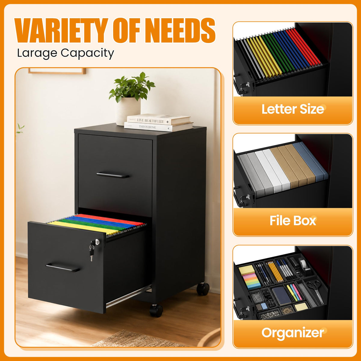 Black 2 Drawer Metal File Cabinet with Wheels and Lock F75863