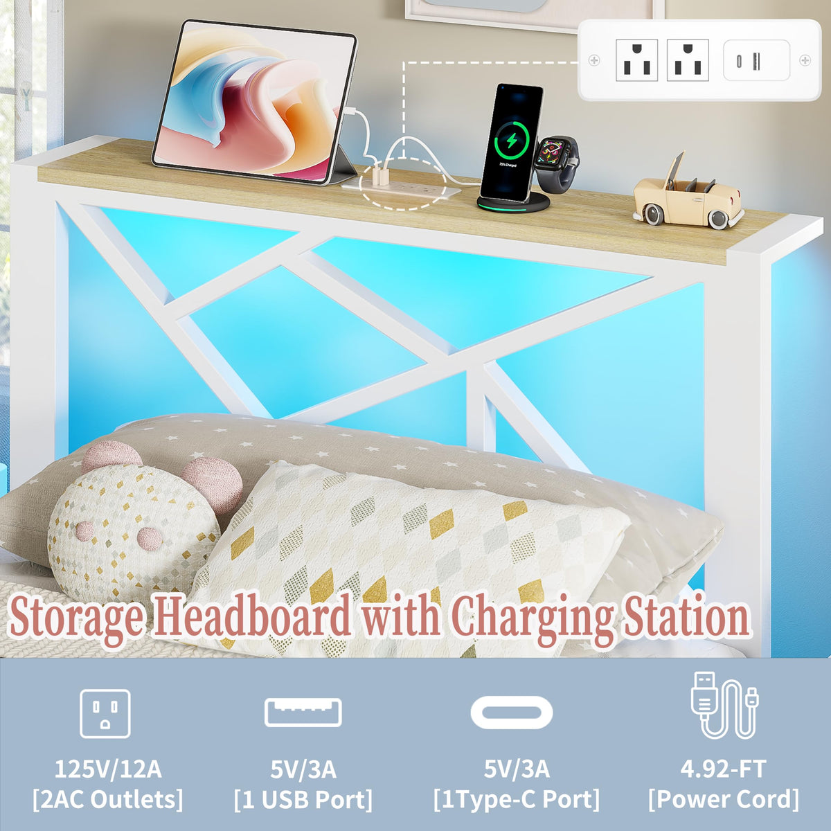 White Twin Metal Bed Frame with USB Charging Station X8466