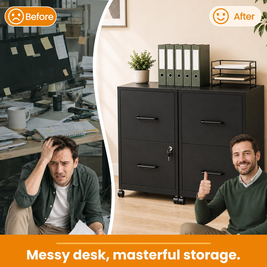 Black 2 Drawer Metal File Cabinet with Wheels and Lock F75863