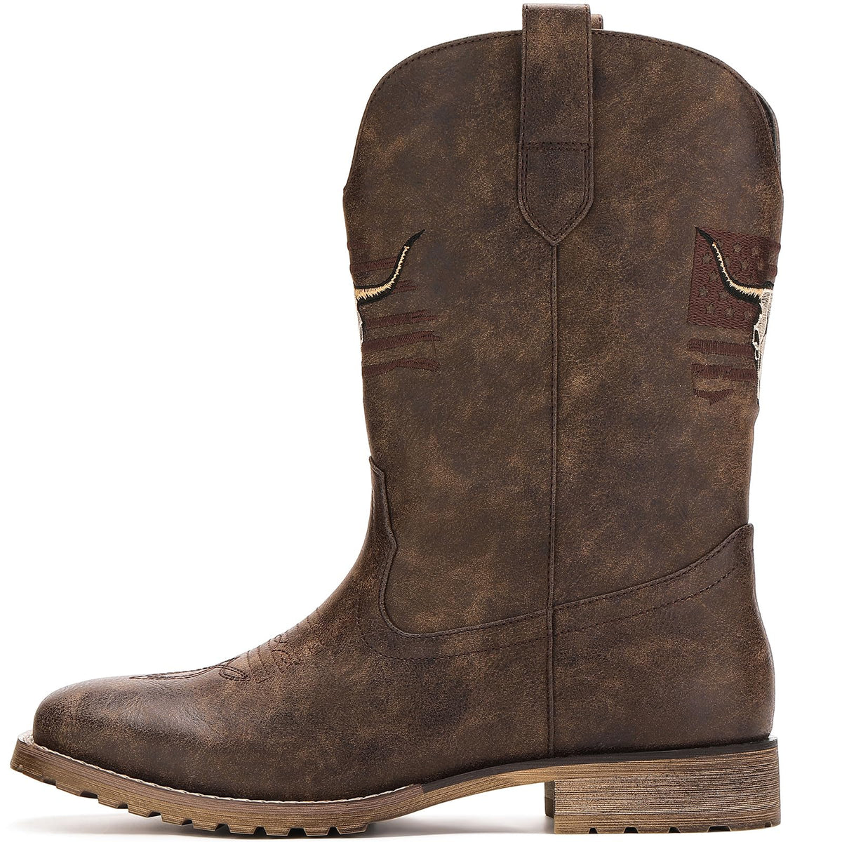 Vintage Distressed Brown Square Toe Mid-Calf Cowboy Boots P436