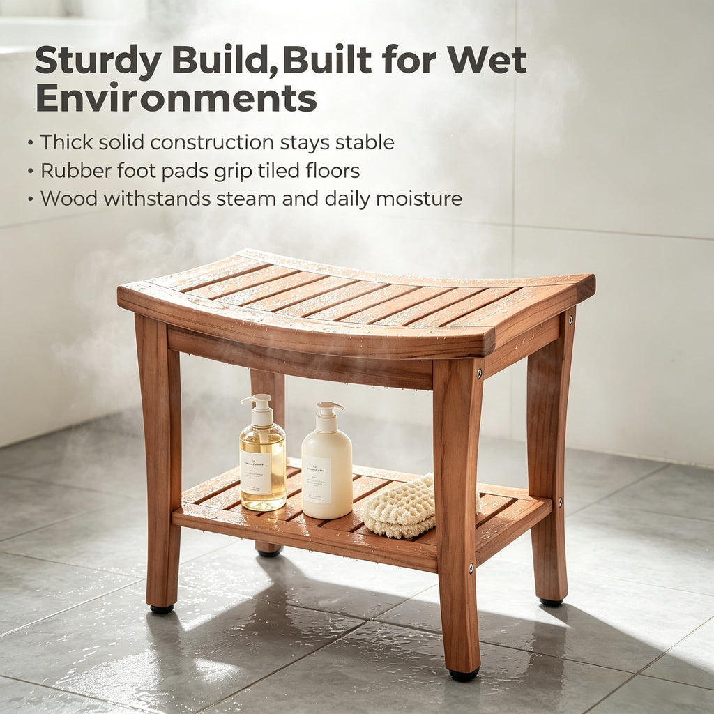 Teak Shower Bench Stool with Shelf T8317