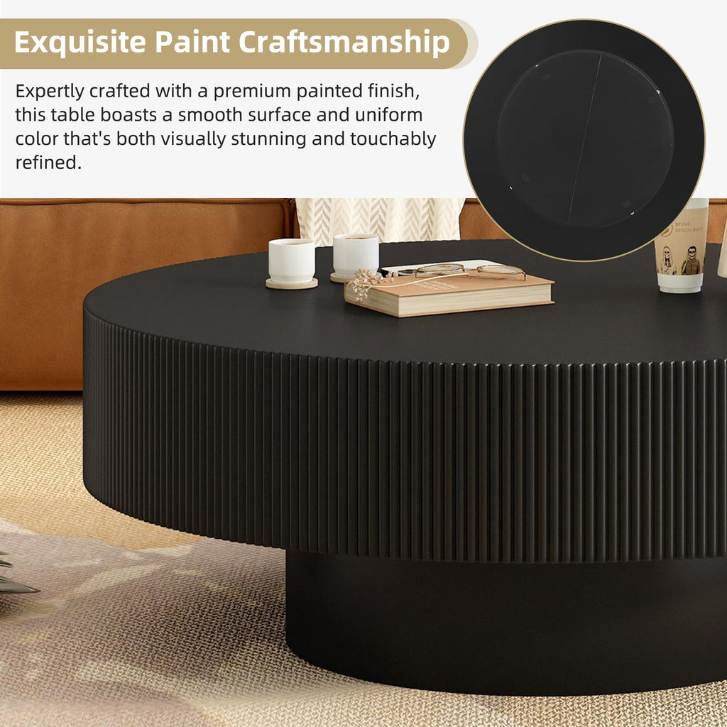 Round Coffee Table, 31.5" Fluted Pedestal Wood Table, Black F1218