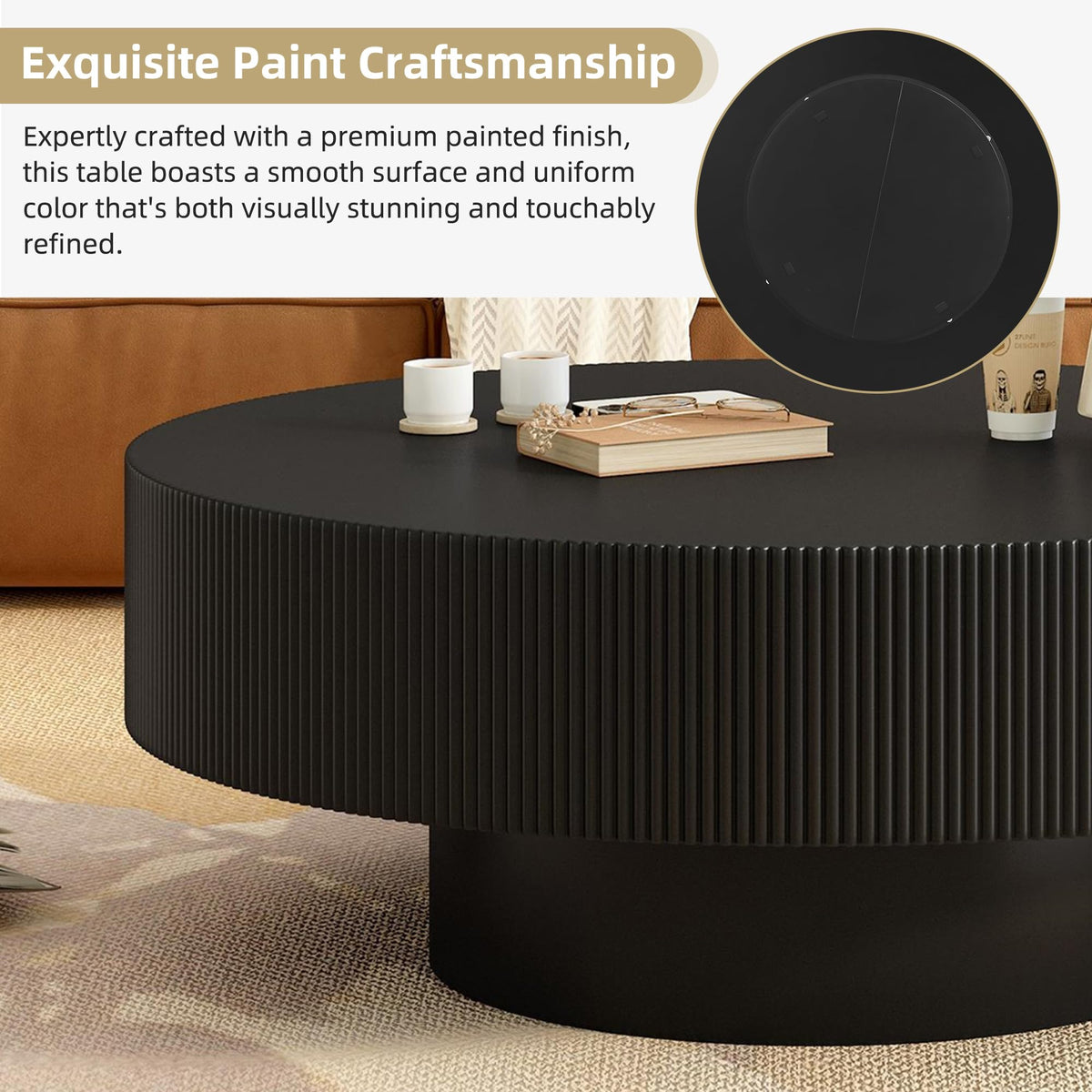 Round Coffee Table, 31.5" Fluted Pedestal Wood Table, Black F1218