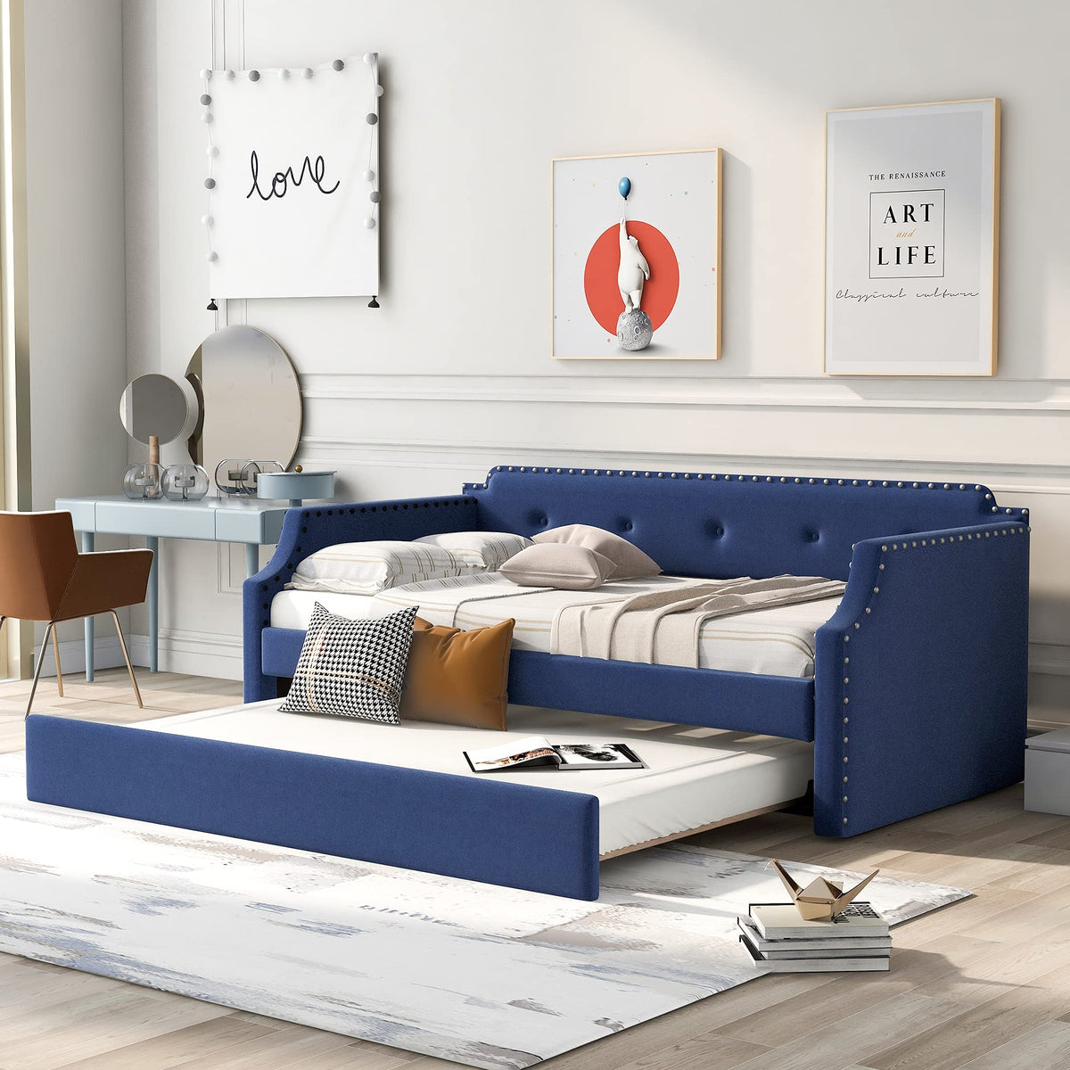 Upholstered Linen Daybed with Trundle P85846