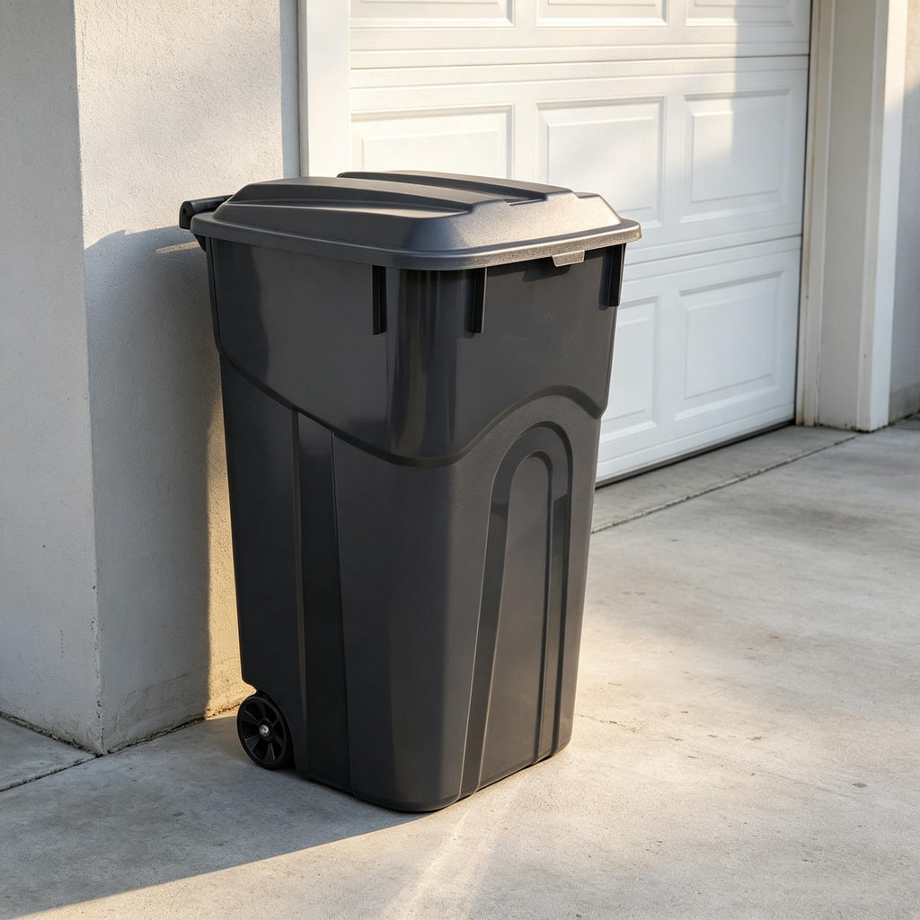 32 Gallon Black Plastic Wheeled Trash Can with Lid T472919