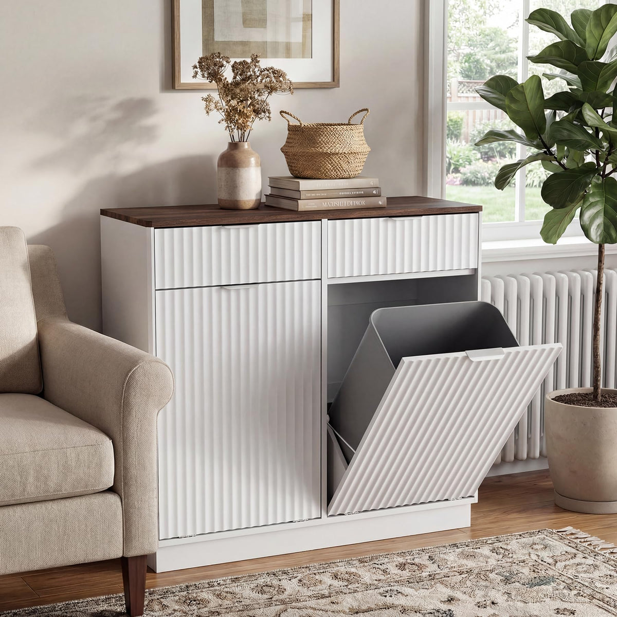 White Double Tilt Out Trash Can Cabinet K934044