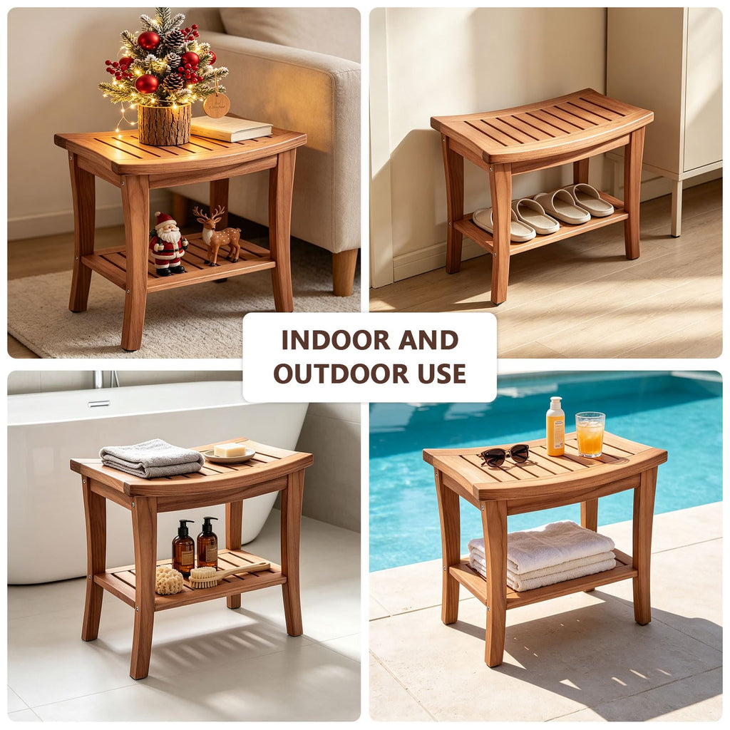 Teak Shower Bench Stool with Shelf T8317
