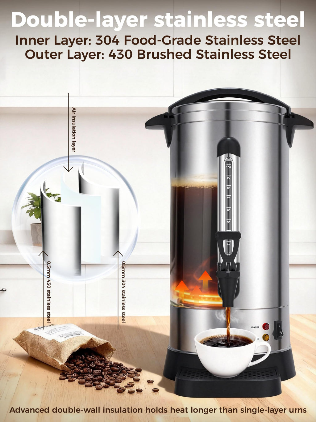 100-Cup Commercial Coffee Urn 15L Stainless Steel Percolator N116