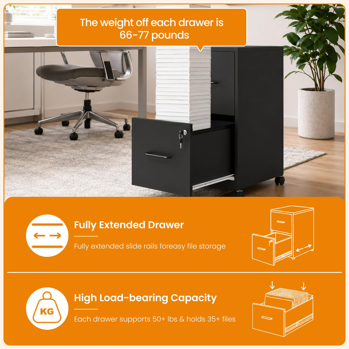Black 2 Drawer Metal File Cabinet with Wheels and Lock F75863