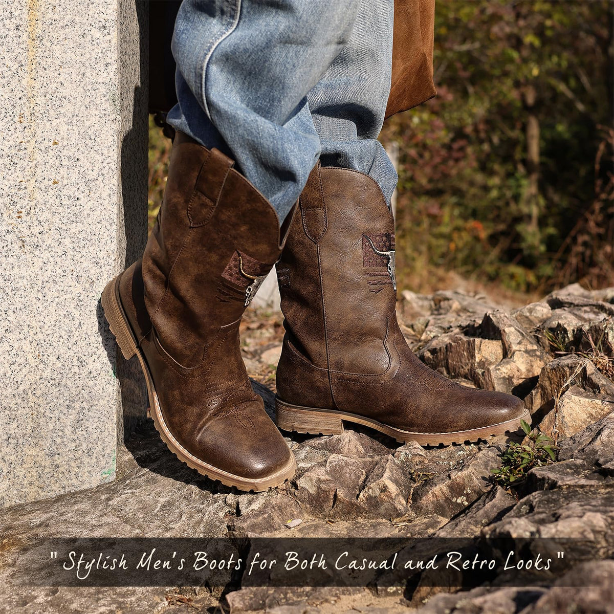 Vintage Distressed Brown Square Toe Mid-Calf Cowboy Boots P436