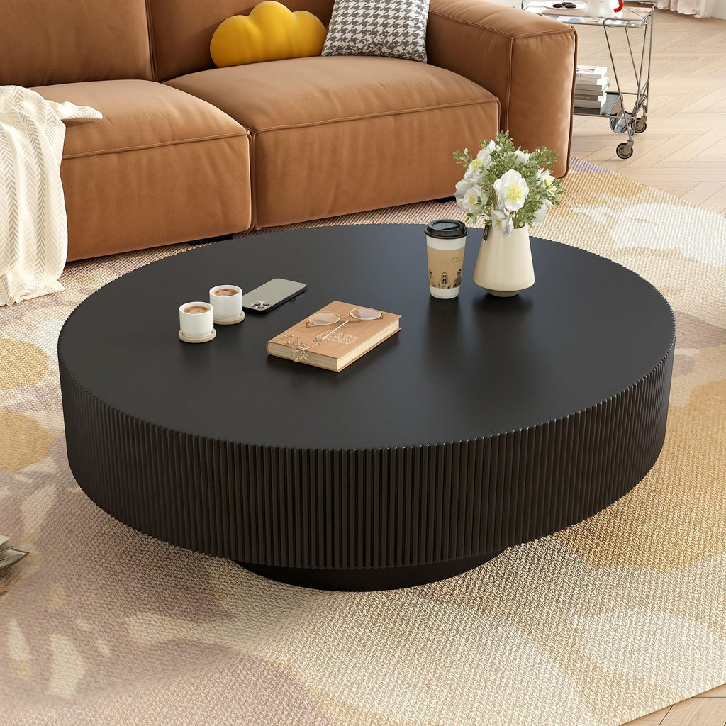 Round Coffee Table, 31.5" Fluted Pedestal Wood Table, Black F1218