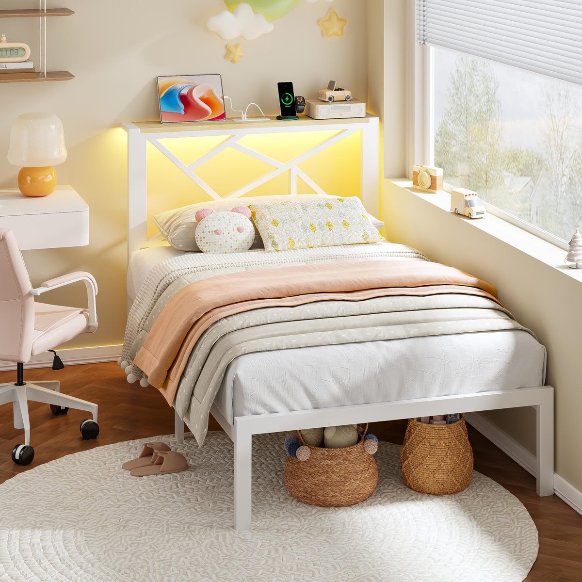 White Twin Metal Bed Frame with USB Charging Station X8466