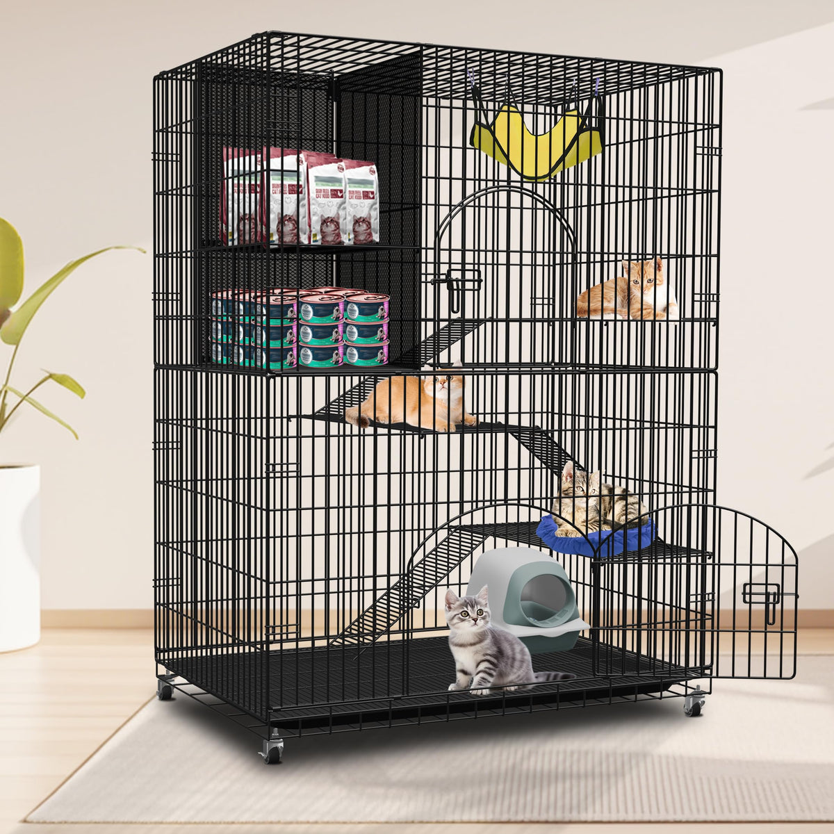 Extra Large 4-Tier Indoor Cat Cage with Wheels Z349475