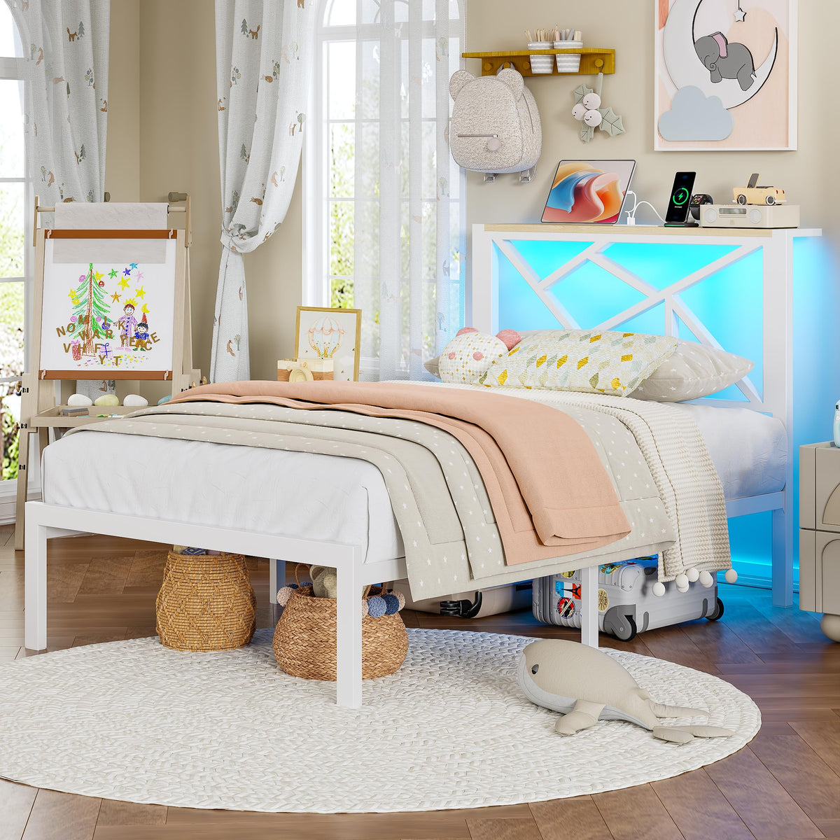 White Twin Metal Bed Frame with USB Charging Station X8466